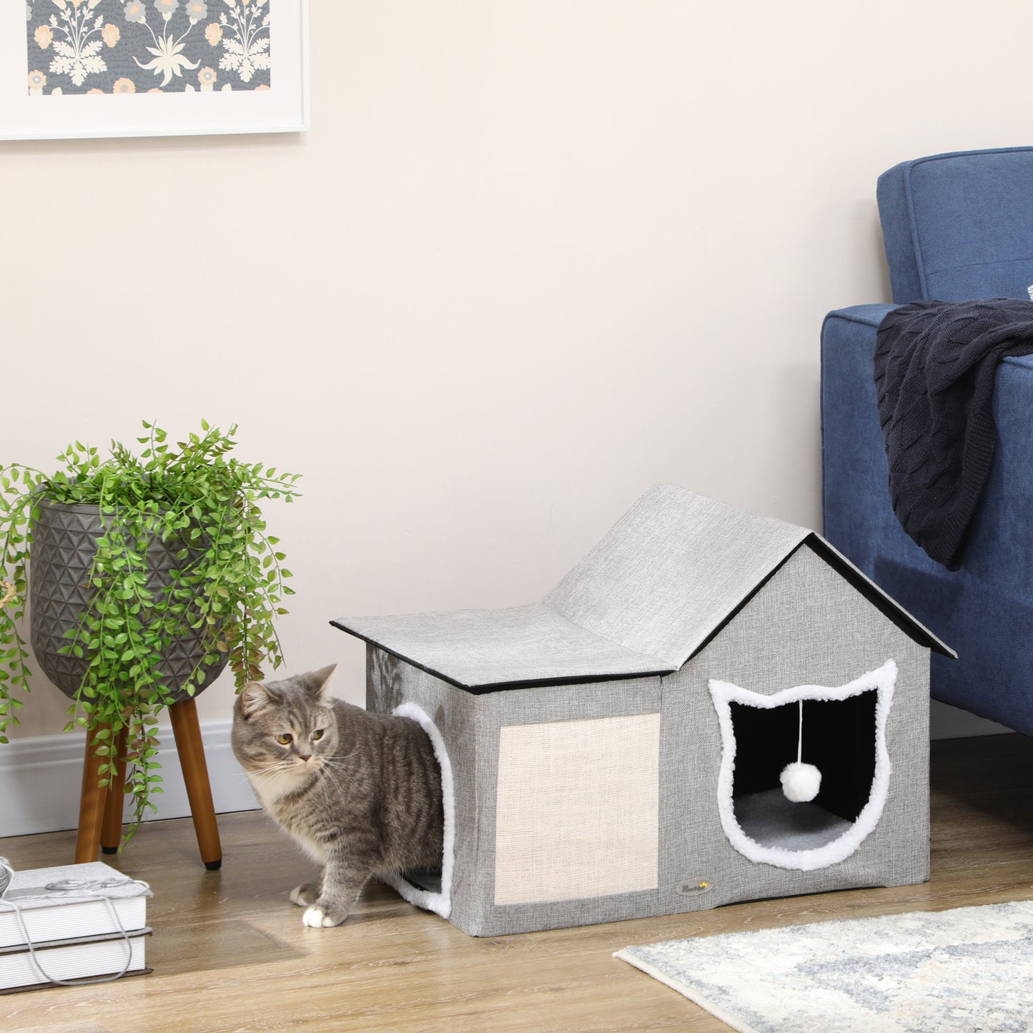 Pawhut Caseta Para Gatos Con Almohadilla Para Rascar Cojín Suave 65x41x45,5 Cm_1