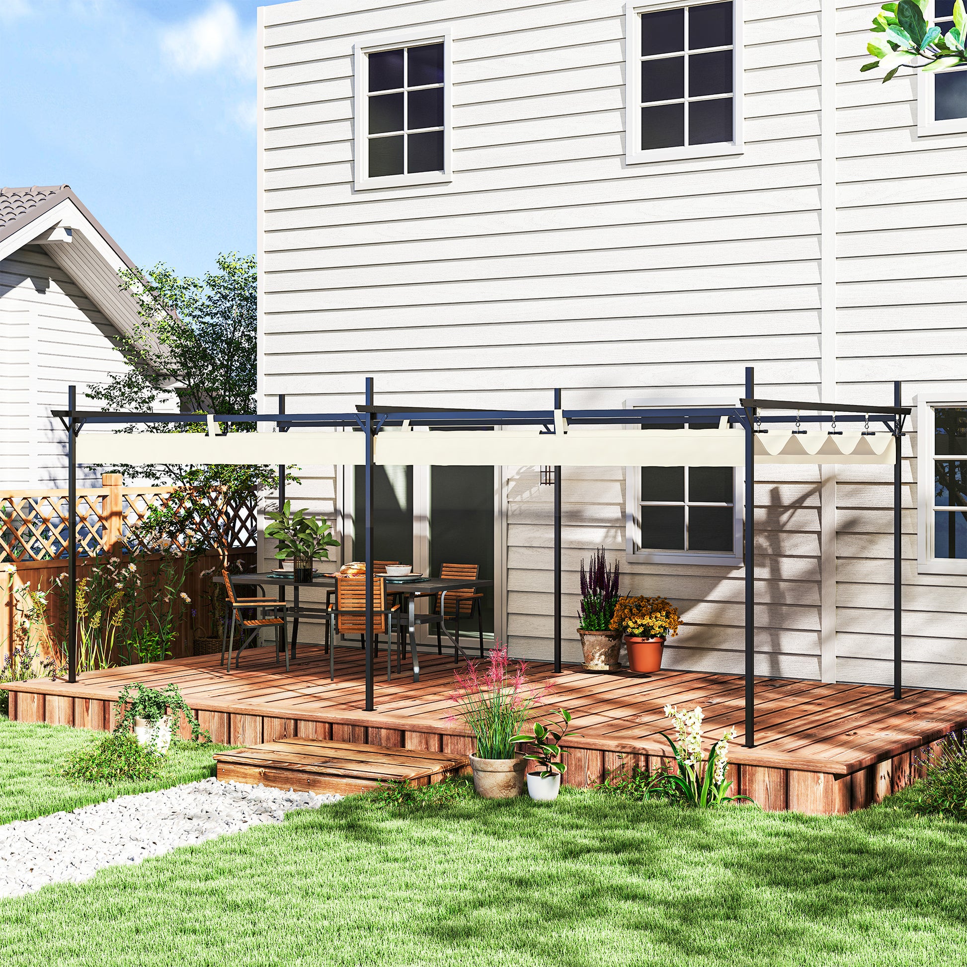 Outsunny Pérgola Con Techo Retráctil 6x3 M Anti-uv Resistente Al Agua Crema_1