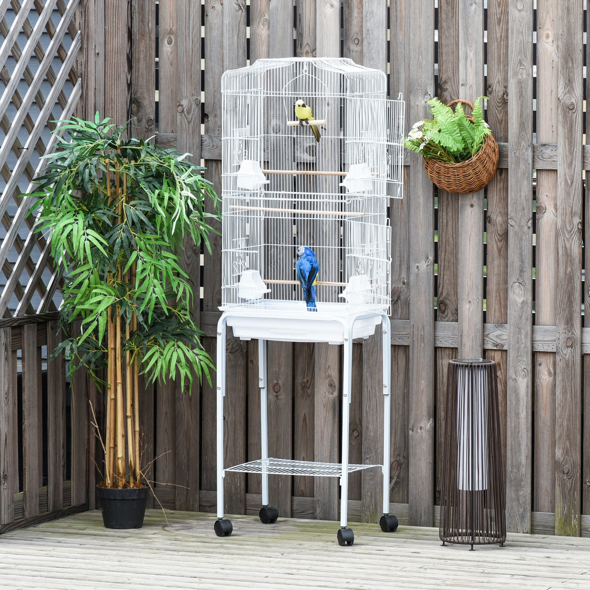 Pawhut Jaula Para Pájaros Con Soporte 4 Ruedas Y Comederos 46,5x36x157 Cm Blanco_4