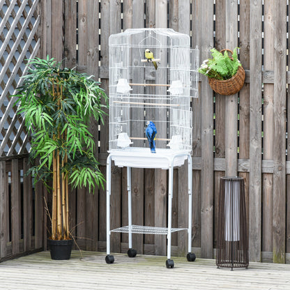 Pawhut Jaula Para Pájaros Con Soporte 4 Ruedas Y Comederos 46,5x36x157 Cm Blanco_4