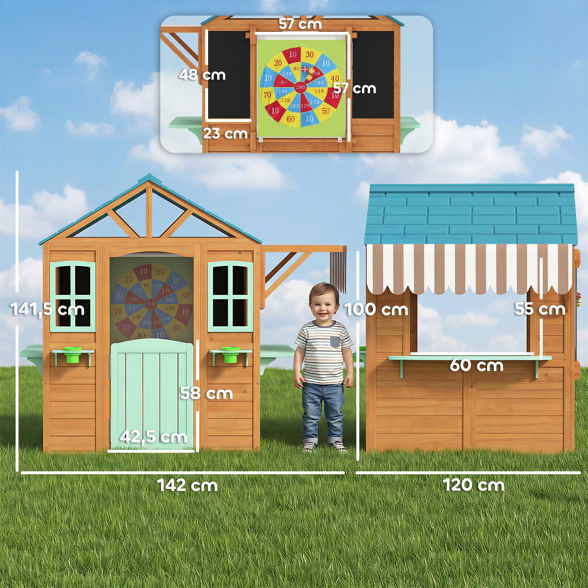 Aiyaplay Casita Infantil Exterior De Madera Con Barra De Snack Maceteros Pizarra_2