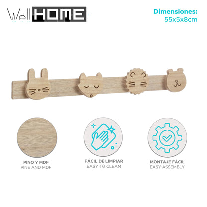 Well Home Perchero Infantil wild En Madera 5 Ganchos