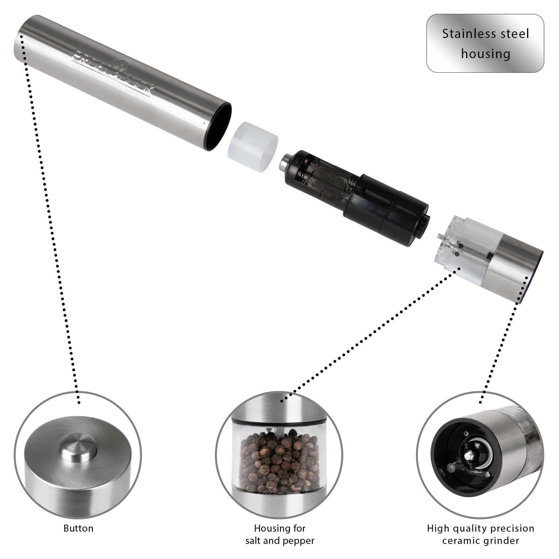 Pimentero Y Salero Eléctrico, Juego 2 Pcs, Acero Inox,  Con Luz, Cuchillas Cerámicas Precisión Proficook Pc-psm1031 Plata