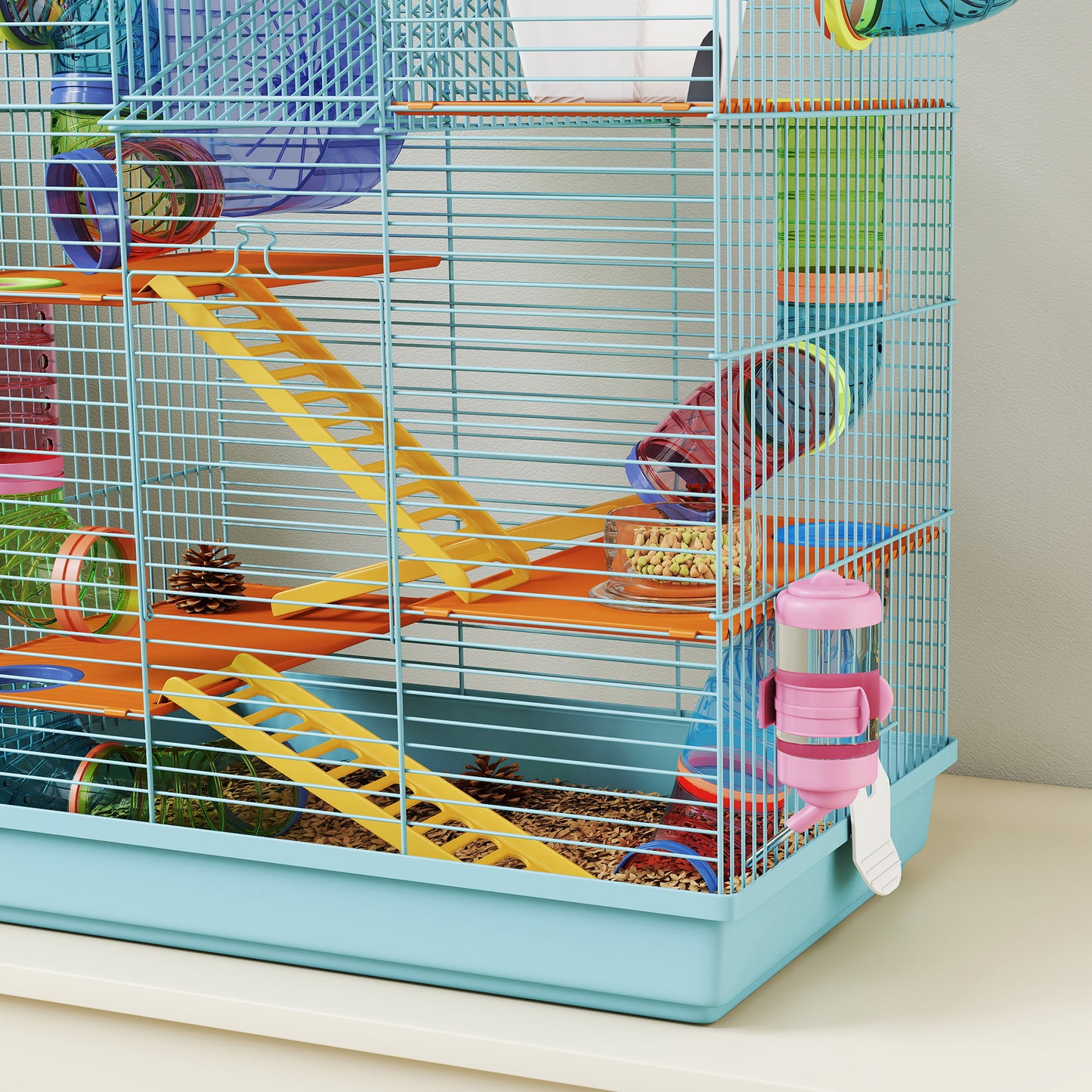 Pawhut Jaula Para Hámster Con Tubos Casita Rueda Plataformas 47x30x59 Cm Azul_4