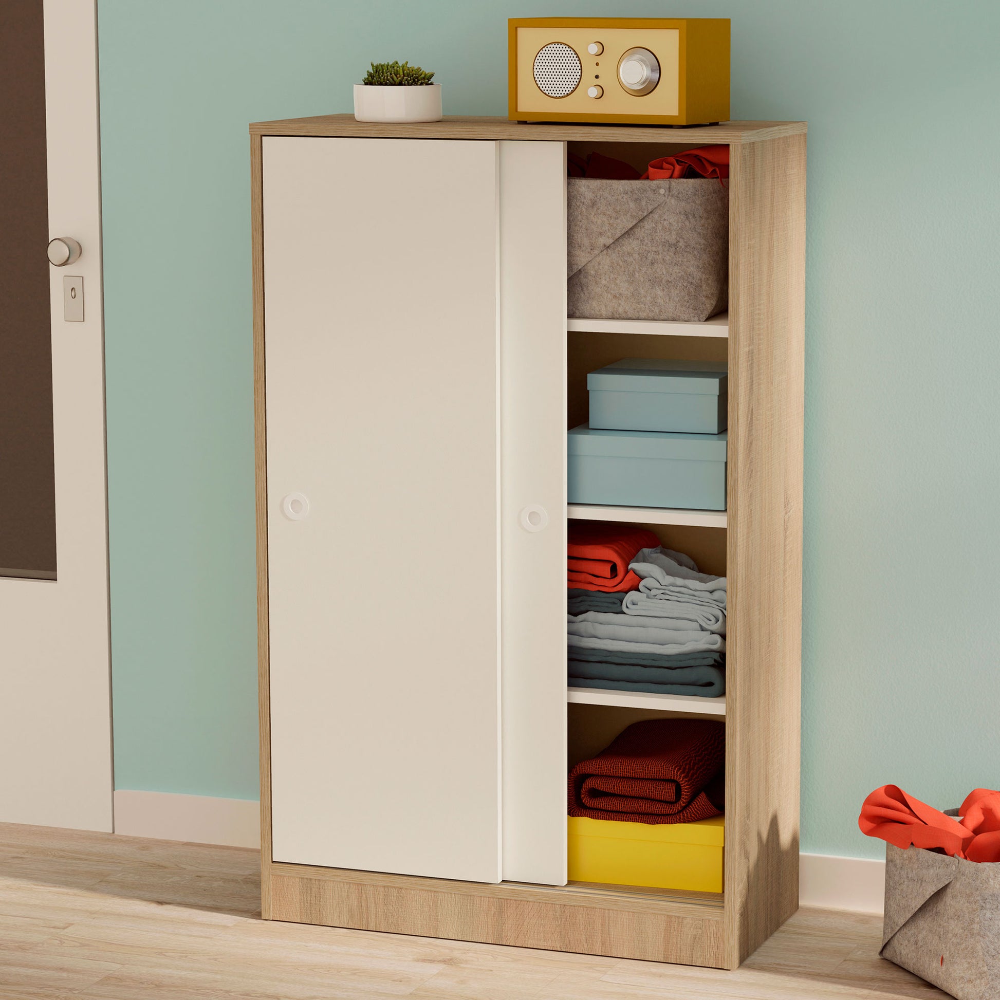 Armario Dormitorio, Multiusos, Baño, Mueble Cocina, Zapatero 2 Puertas Correderas 120x74x33 Cm, Briebe, Nova, Blanco