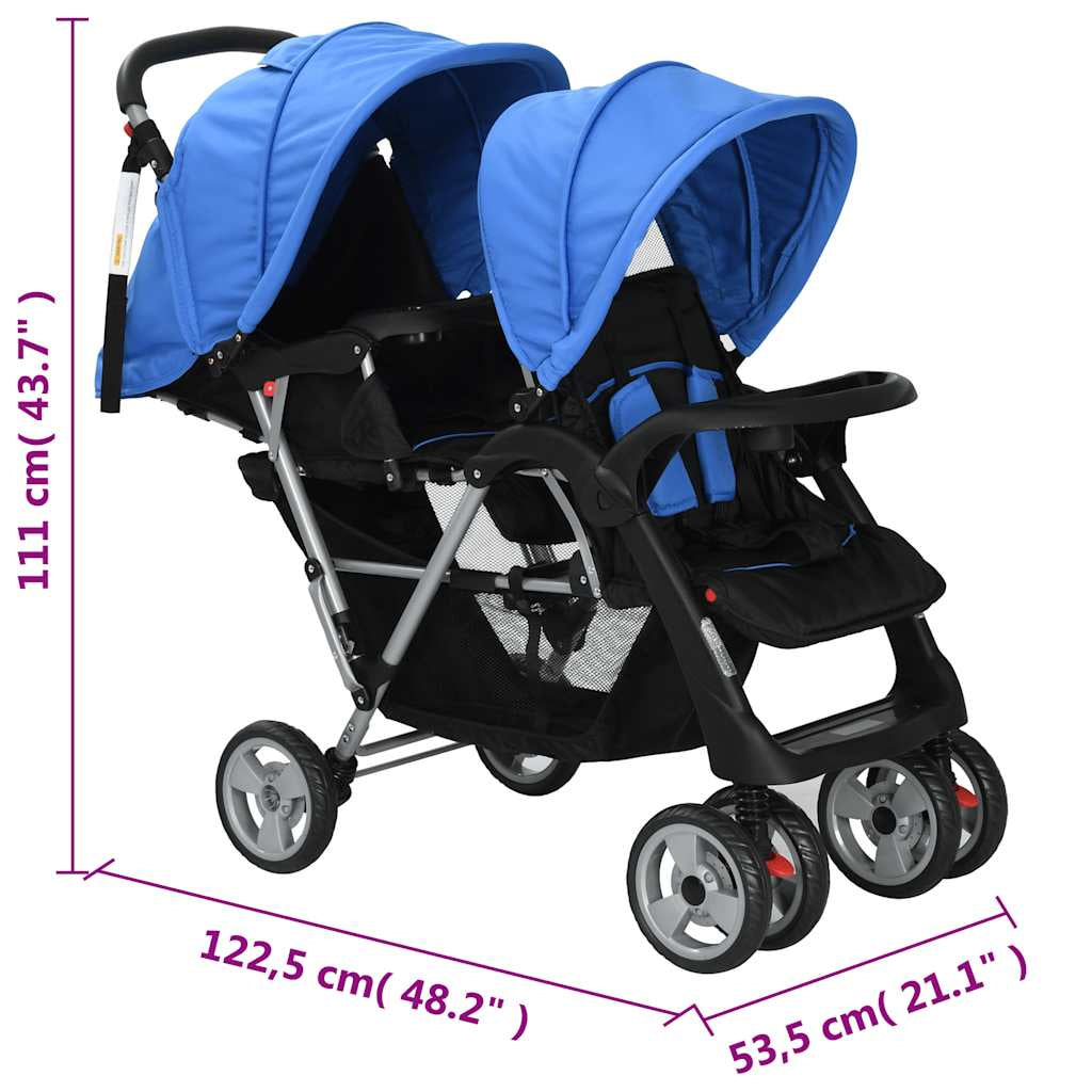 Vidaxl Carrito Para 2 Niños Tandem De Acero Azul Y Negro_2