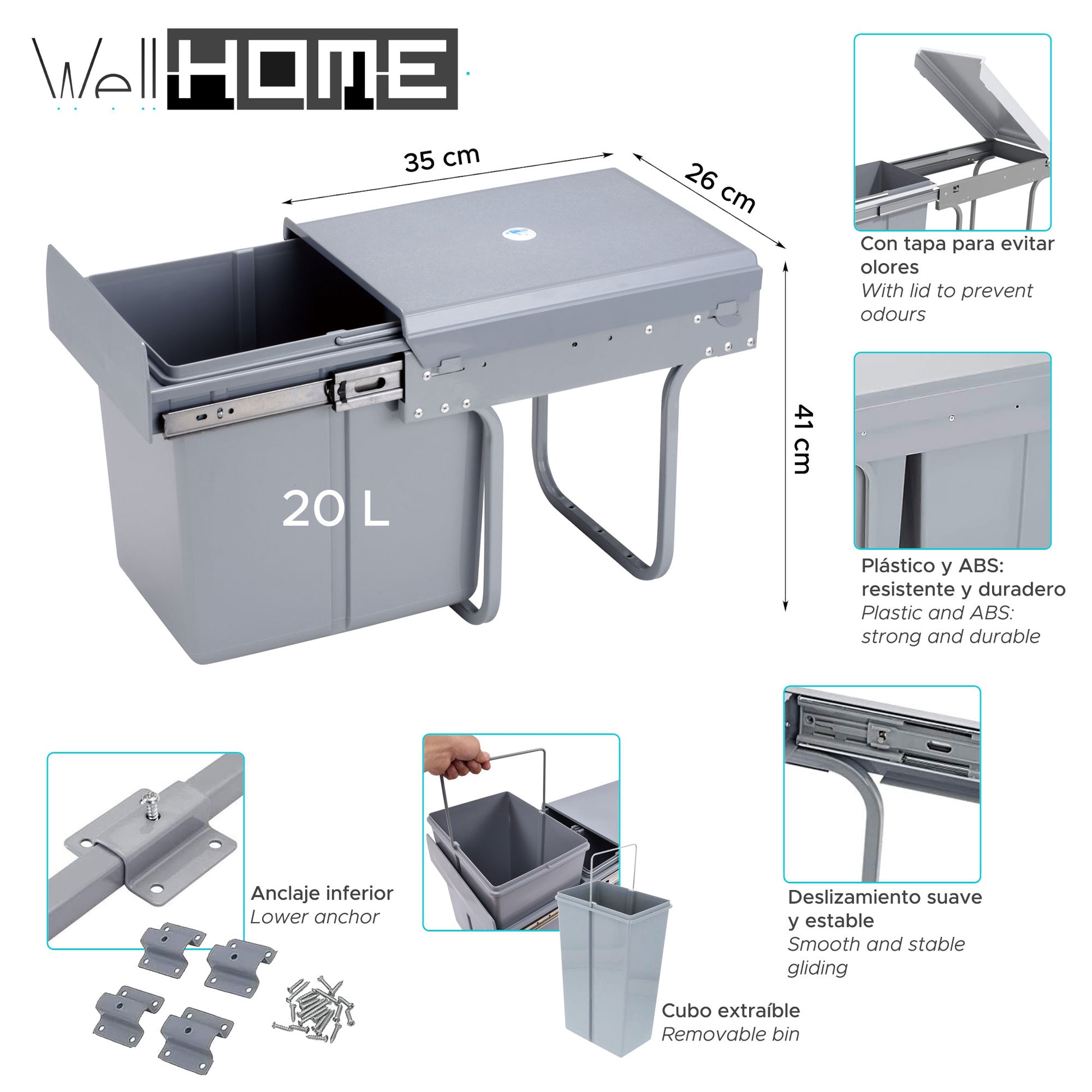 Cubo De Reciclaje 20l Bajo Fregadero, Extracción Manual Y Tapa