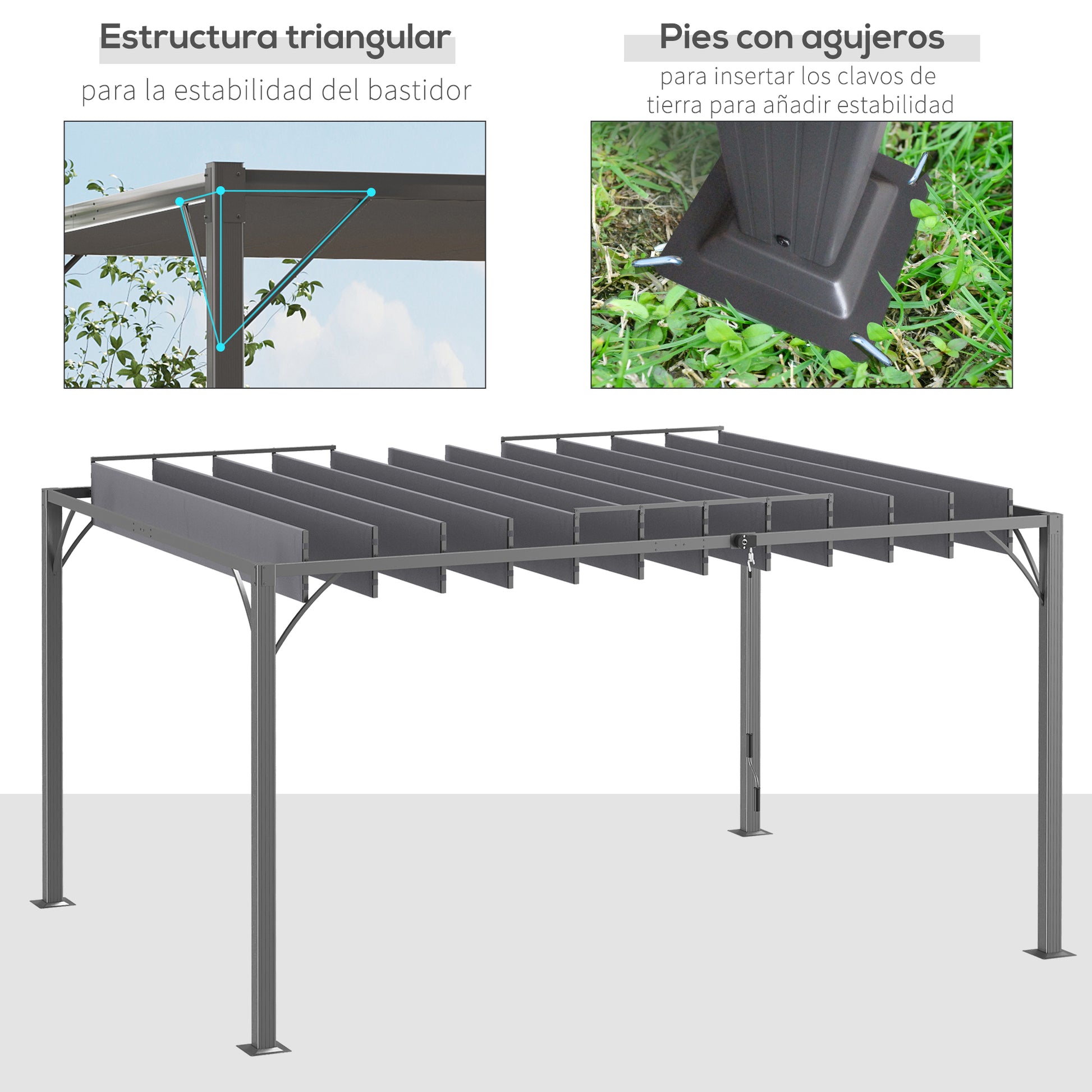 Outsunny Pérgola 4x3 M Con Diseño De Lamas Superior Giratorio Hasta 135° Gris_5
