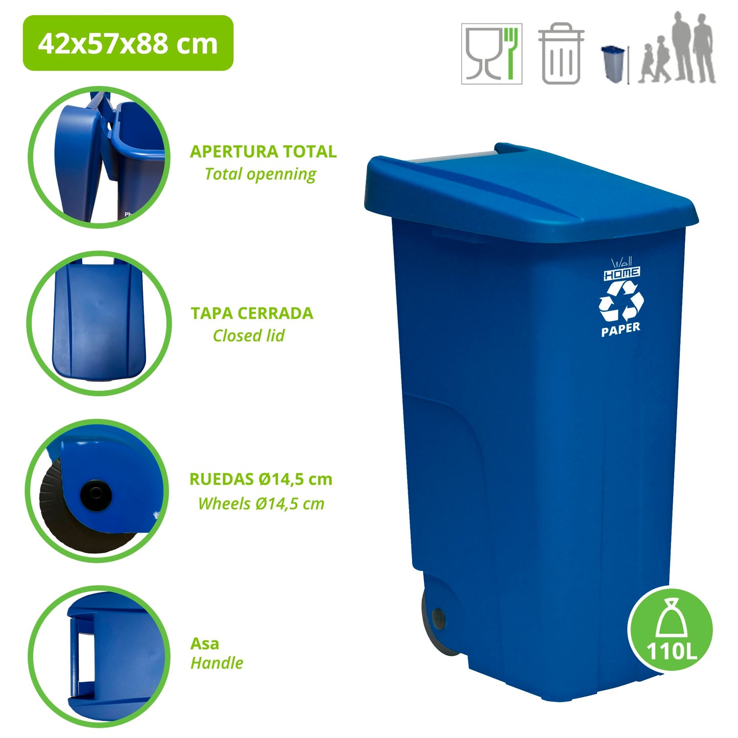 Contenedor Wellhome Reciclo 110 Litros, Cerrado Con Tapa, Ideal Para Reciclaje De Papel Y Cartón, Con Ruedas + 3x Bolsas De Basura De 10 Unidades_1