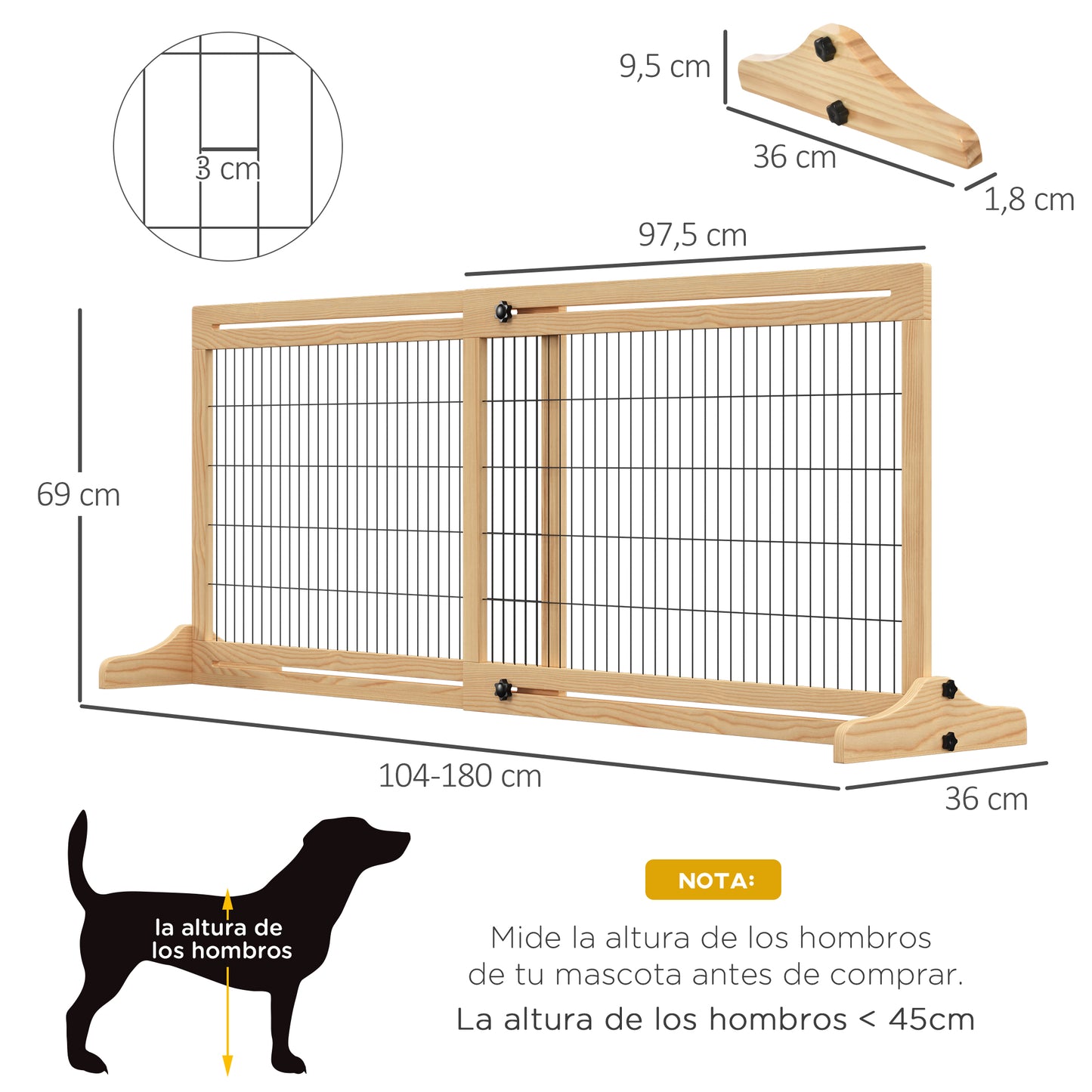 Pawhut Barrera Seguridad Perros De Madera Extensible 104-180 Cm Puerta Escalera_2
