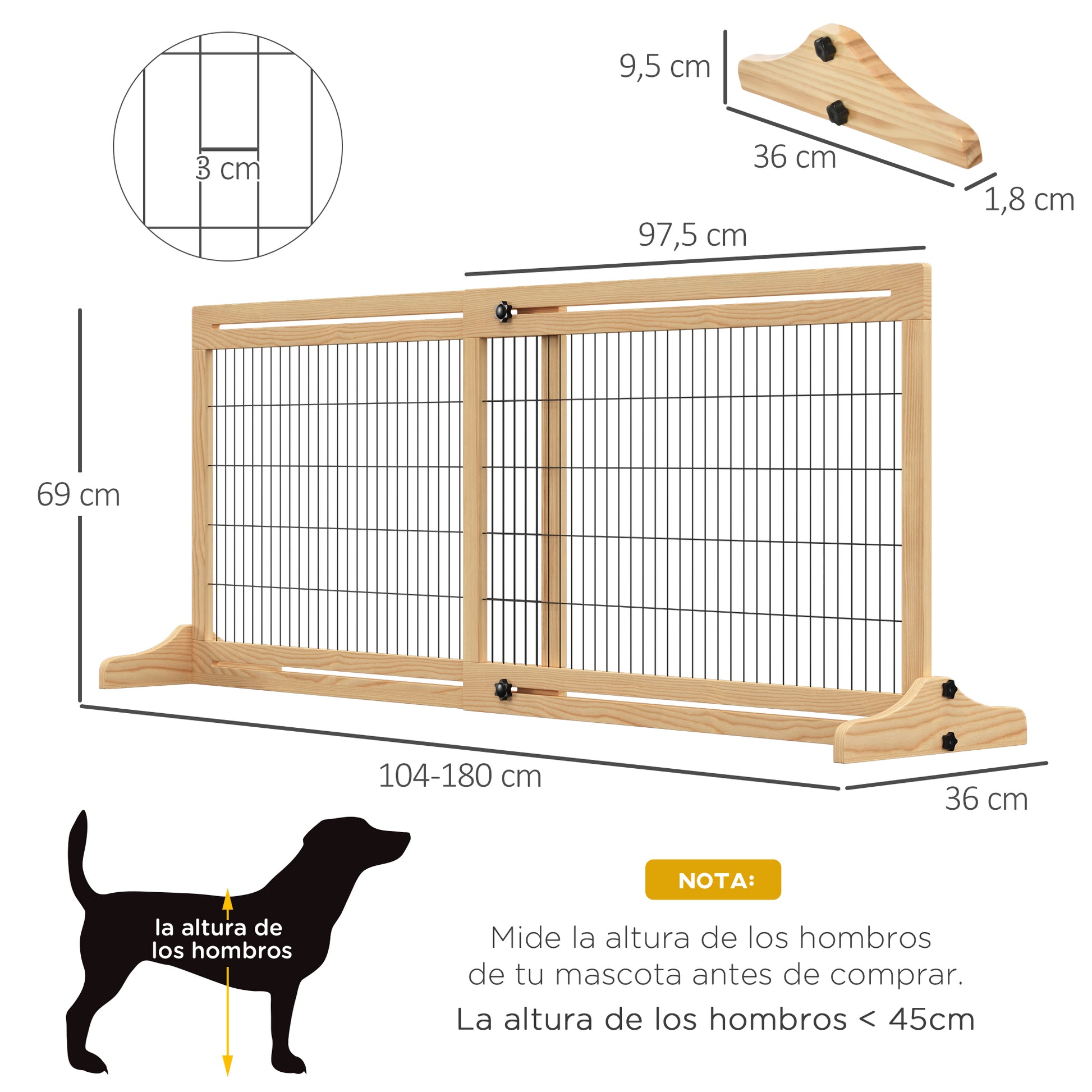 Pawhut Barrera Seguridad Perros De Madera Extensible 104-180 Cm Puerta Escalera_2