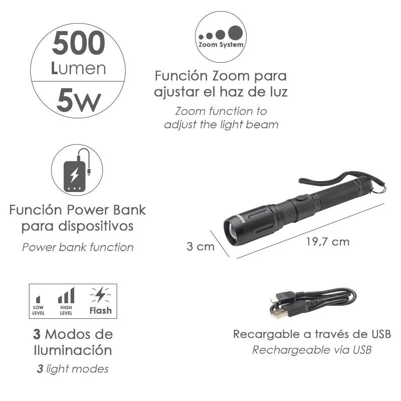 Linterna Led De Mano Con Bateria Recargable Con Función Powerbank ( 2.000 Mah) 500 Lumenes (5 Watt.) Con Función Zoom_1