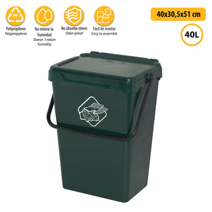 Cubo De Polipropileno Con La Manija Y La Cubierta, De Color Verde, 40 Lt. 400x305x510 Mm.