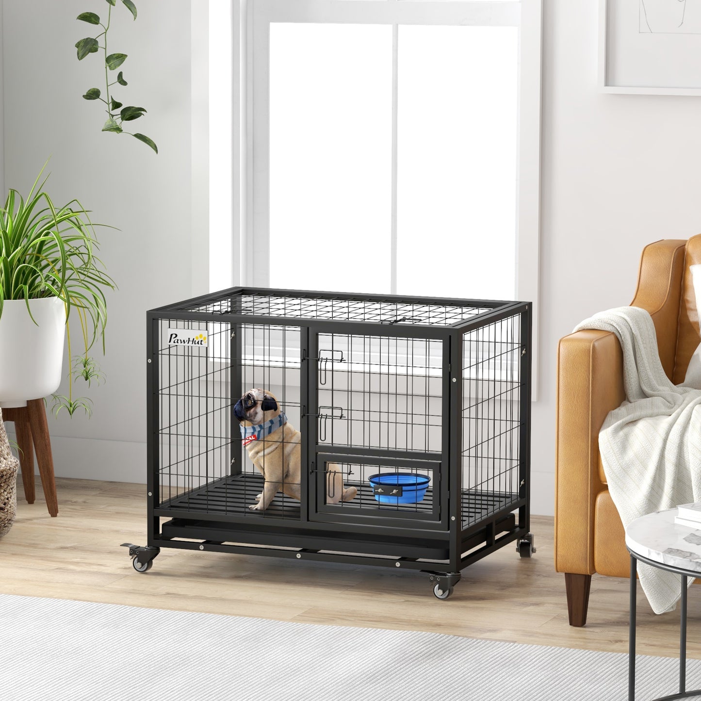 Pawhut Jaula Para Perros Grandes Con Soporte De Cuenco Y Puerta Doble Negro_1