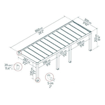 Pérgola adosada de madera de cedro Helsinki 300x860 cm Canopia