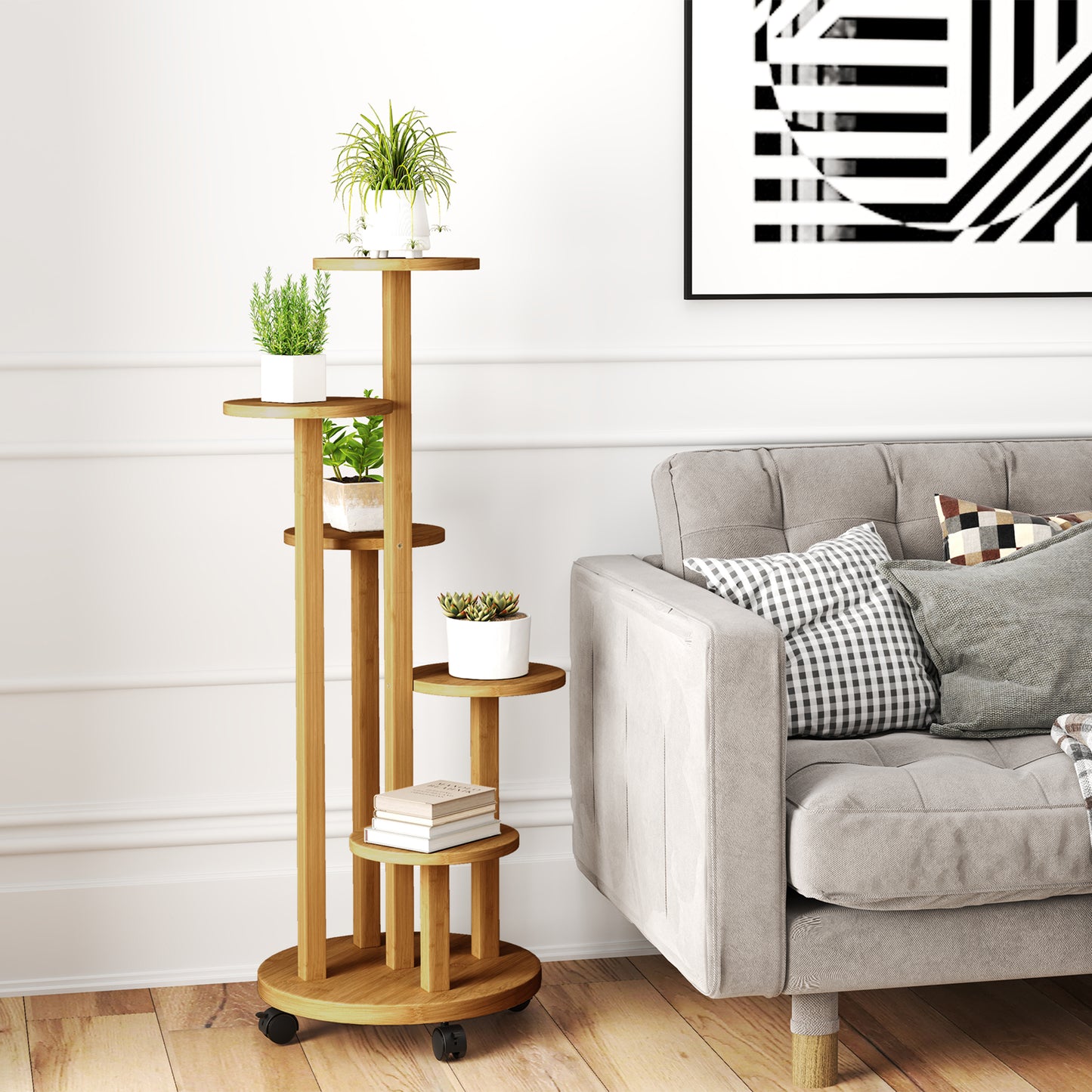 Outsunny Soporte Para Plantas De Bambú Con Ruedas 5 Niveles 33x33x90 Cm Natural_1