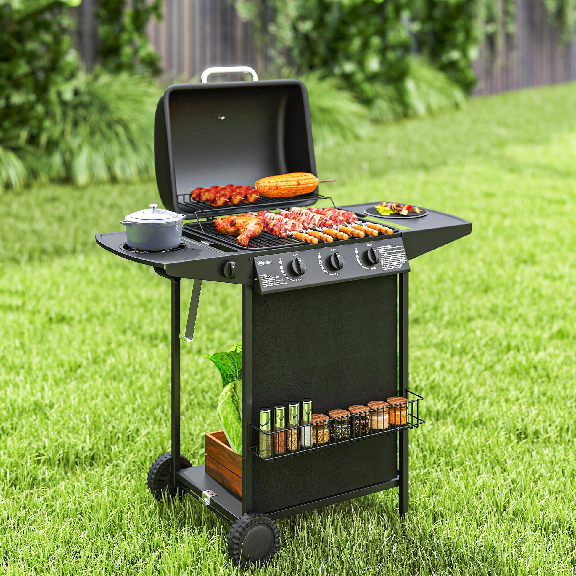 Outsunny Barbacoa De Gas Con 3+1 Quemadores 9,5 Kw Termómetro Mesa Lateral Negro_1