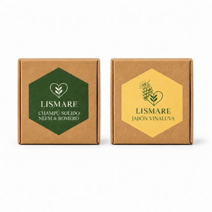 Pack Baño Sostenible Lismare: jabón sólido uva + champú sólido neem &amp; romero_0