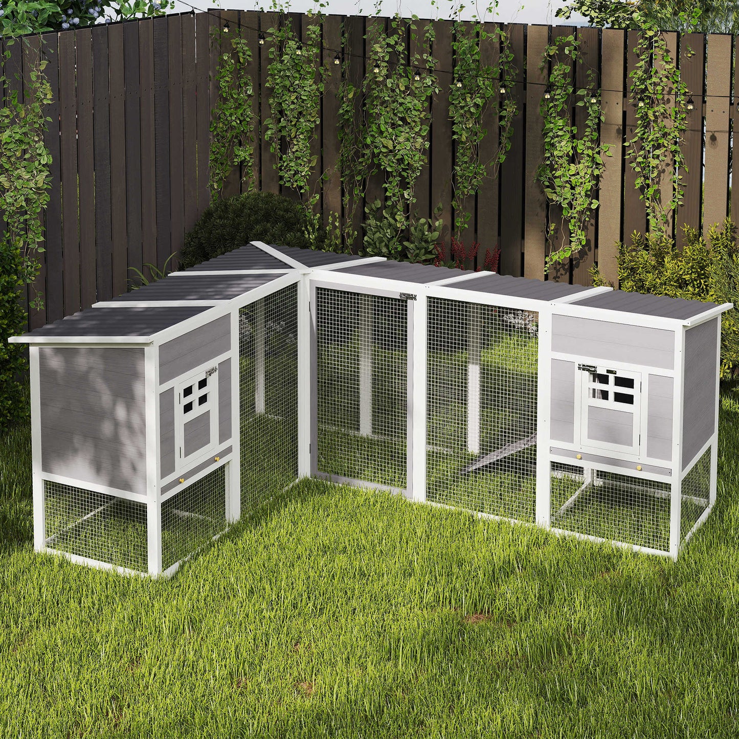 Pawhut Gallinero De Madera Grande Exterior En L Para Esquina 251x192x103 Cm Gris_1