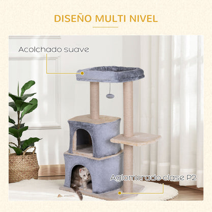 Pawhut Árbol Rascador Para Gatos De 92 Cm Con 2 Cuevas Bola Colgantes Gris_5