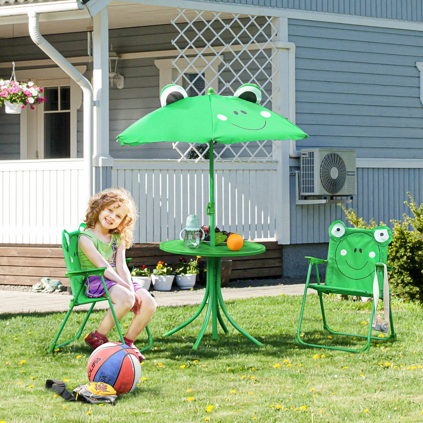 Outsunny Mesa Y Sillas Infantil De Jardín Plegable Con Sombrilla Ajustable Verde_1