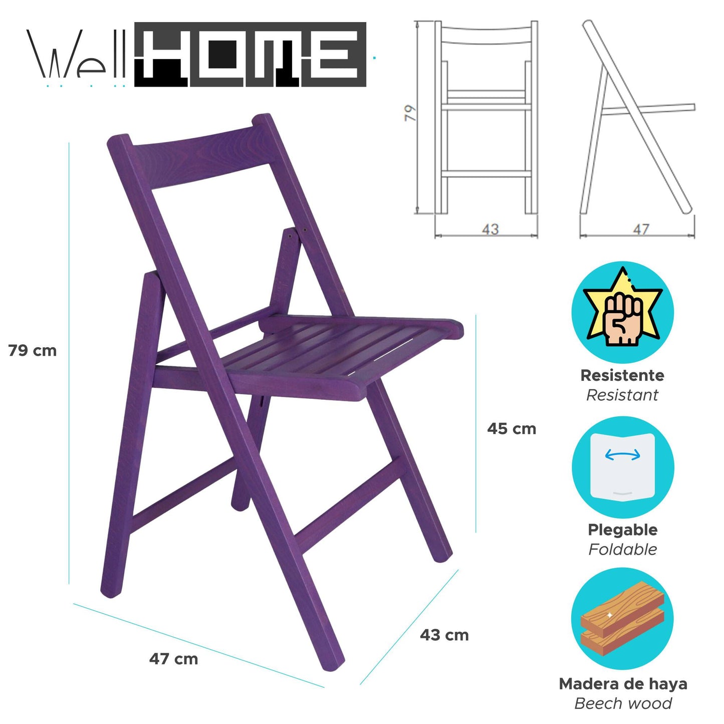 Well Home Mobiliario & Decoración - Pack 4 Sillas Bas En Madera De Haya, Acabado Lila