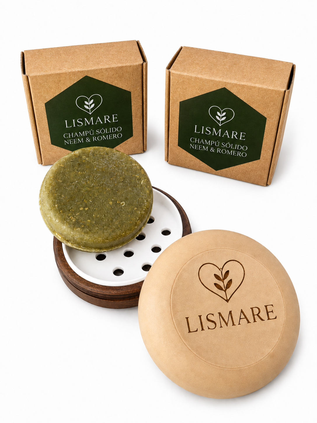 Pack 2 champús sólidos Neem & Romero 75 g + jabonera Lismare de regalo – Graso, picores y desequilibrio. Ideal gimnasio._0