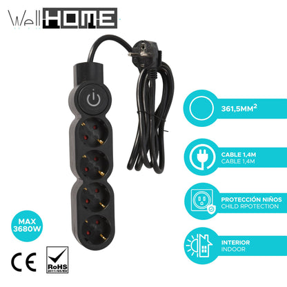 Well Home Regleta De 4 Vías Color Negro Con Protección Para Niños, Con Interruptor Encendido/apagado , Cable 140cm_1