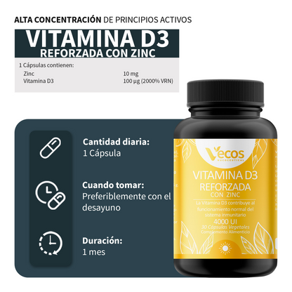 Vitamina D3 100 Μg + Zinc Vecos 30 Cápsulas | Sistema Inmunitario Y Huesos_2