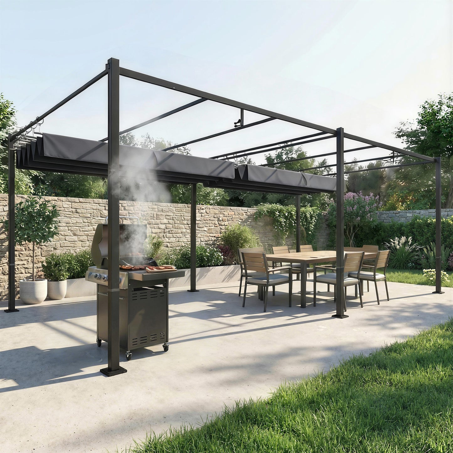 Outsunny Pérgola De Jardín 6x3 M Con Techo Retráctil Upf50+ Drenaje Gris Oscuro_3