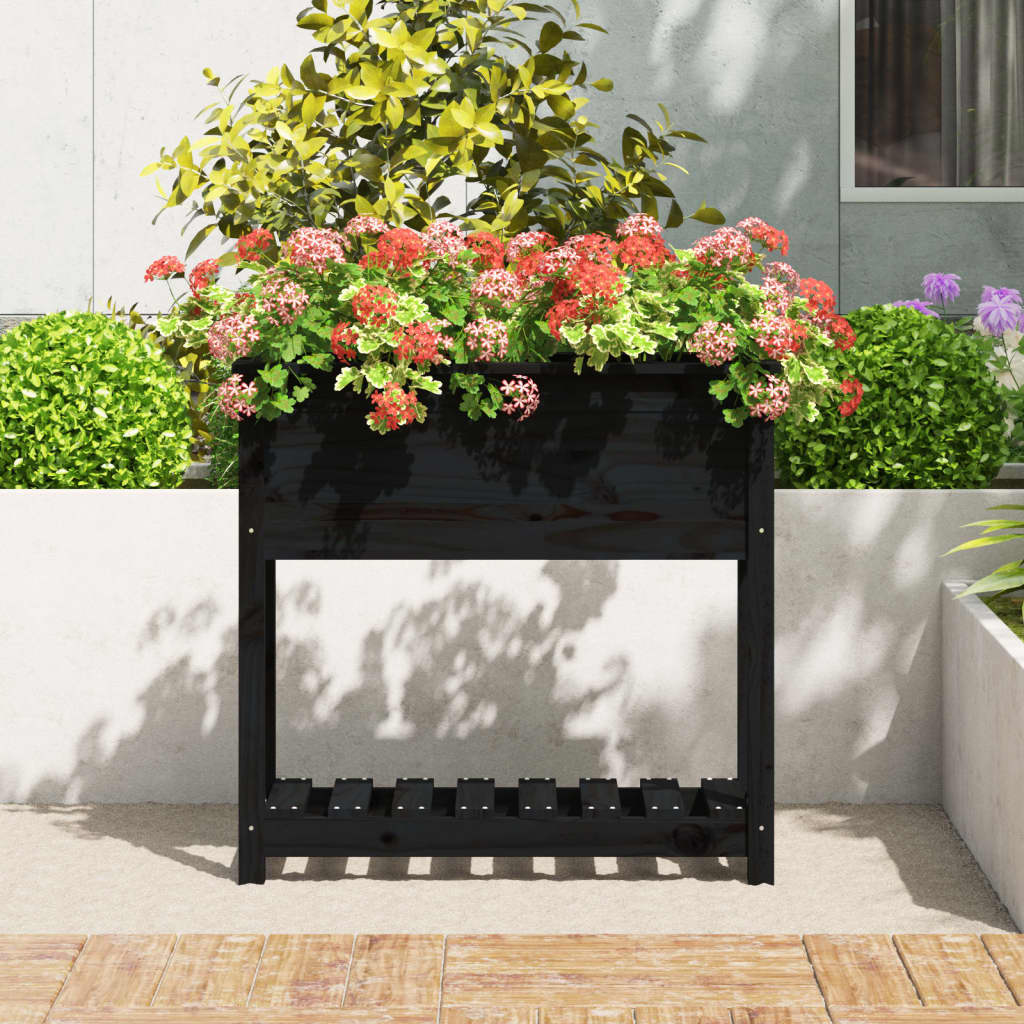 Jardinera Con Estante Madera Maciza Pino Negro 82,5x34,5x81 Cm_2