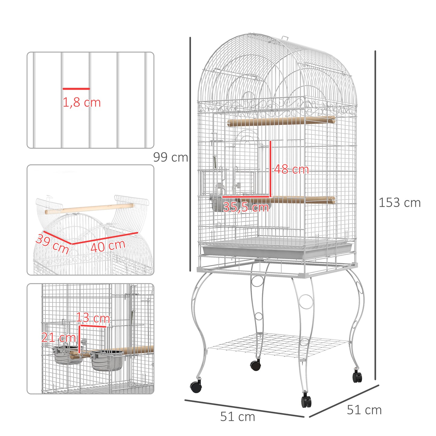 Pawhut Jaula De Pájaros Con Ruedas Bandeja Extraíble 51x51x153 Cm Blanco_2