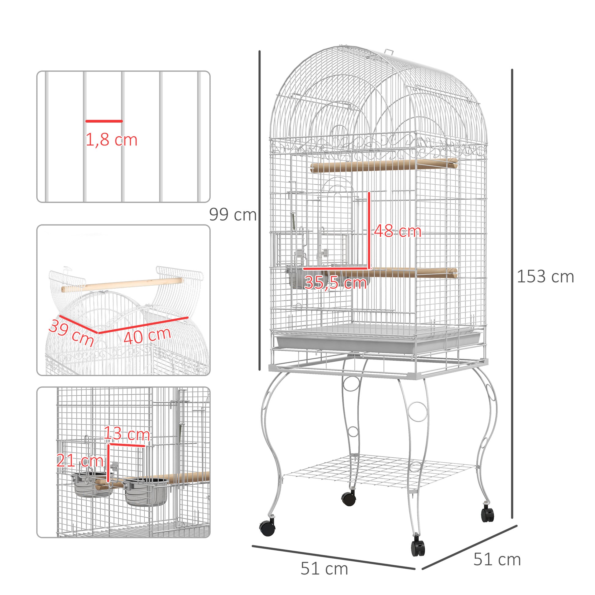Pawhut Jaula De Pájaros Con Ruedas Bandeja Extraíble 51x51x153 Cm Blanco_2