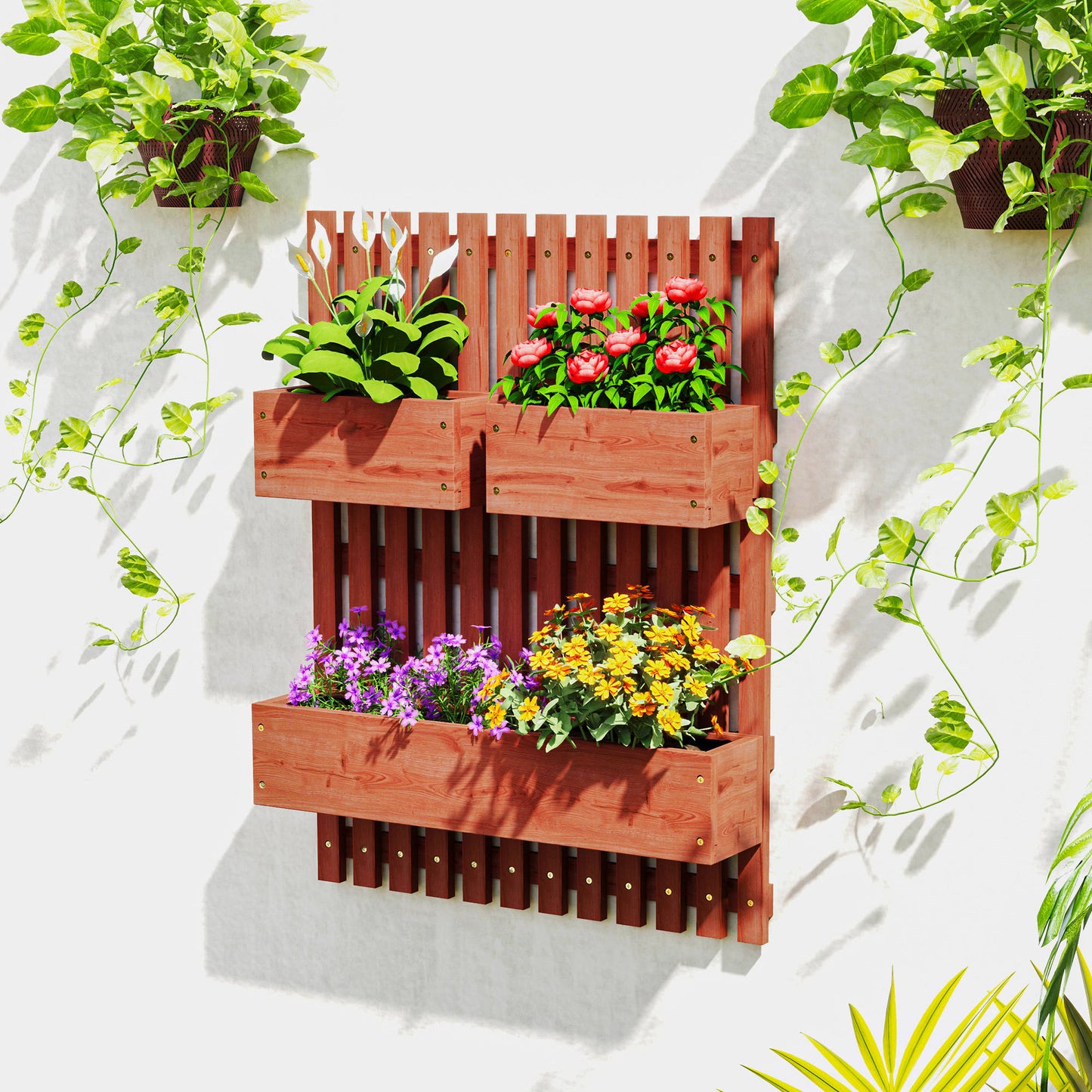 Outsunny Jardinera De Pared Con Enrejado De Madera 3 Macetas Móviles 60x16x80 Cm_3