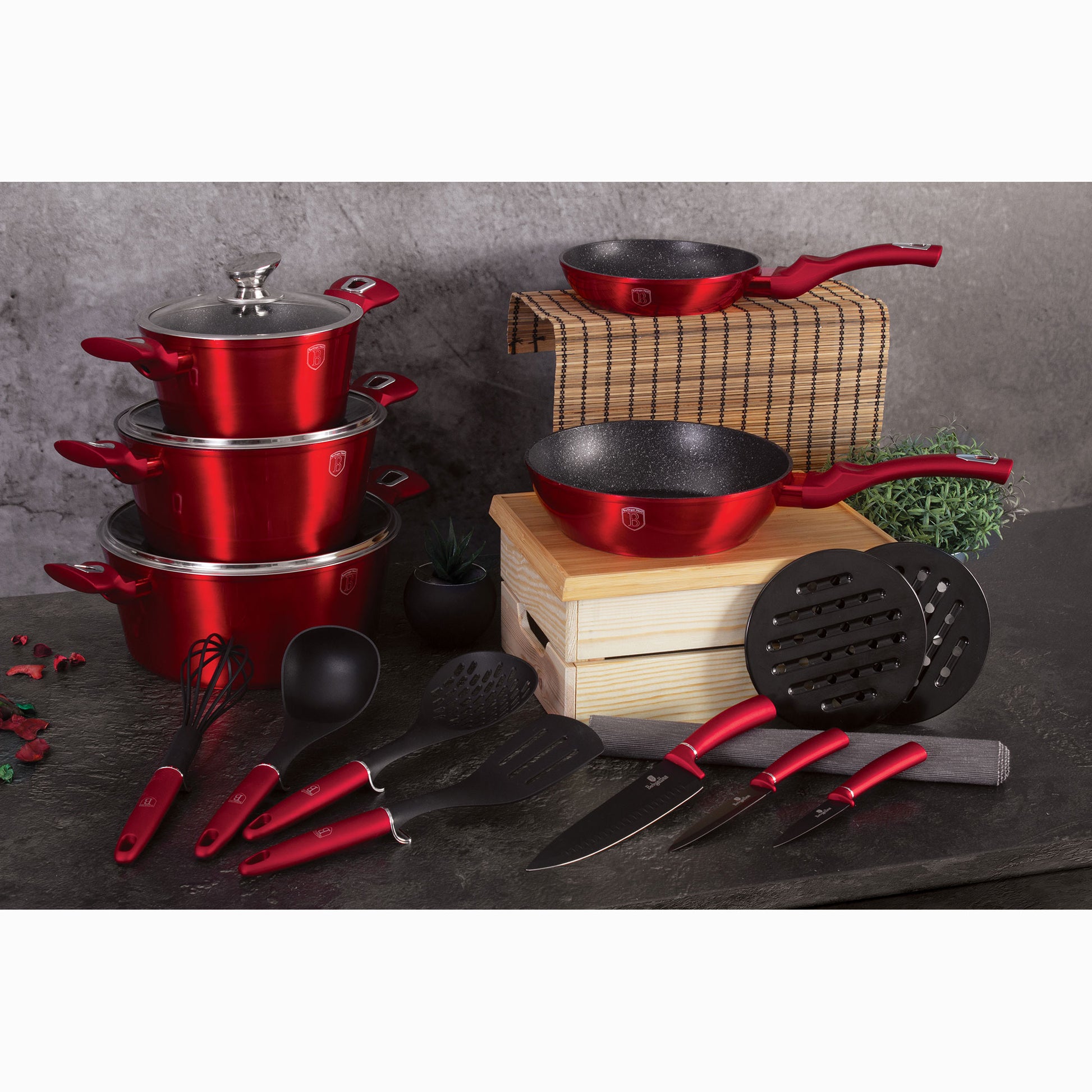 Batería Cocina Inducción 17 Piezas, Antiadherente Mármol Sin Pfoa, Aluminio, Cazuelas Sartenes Berlinger Haus Burgundy Rojo_3