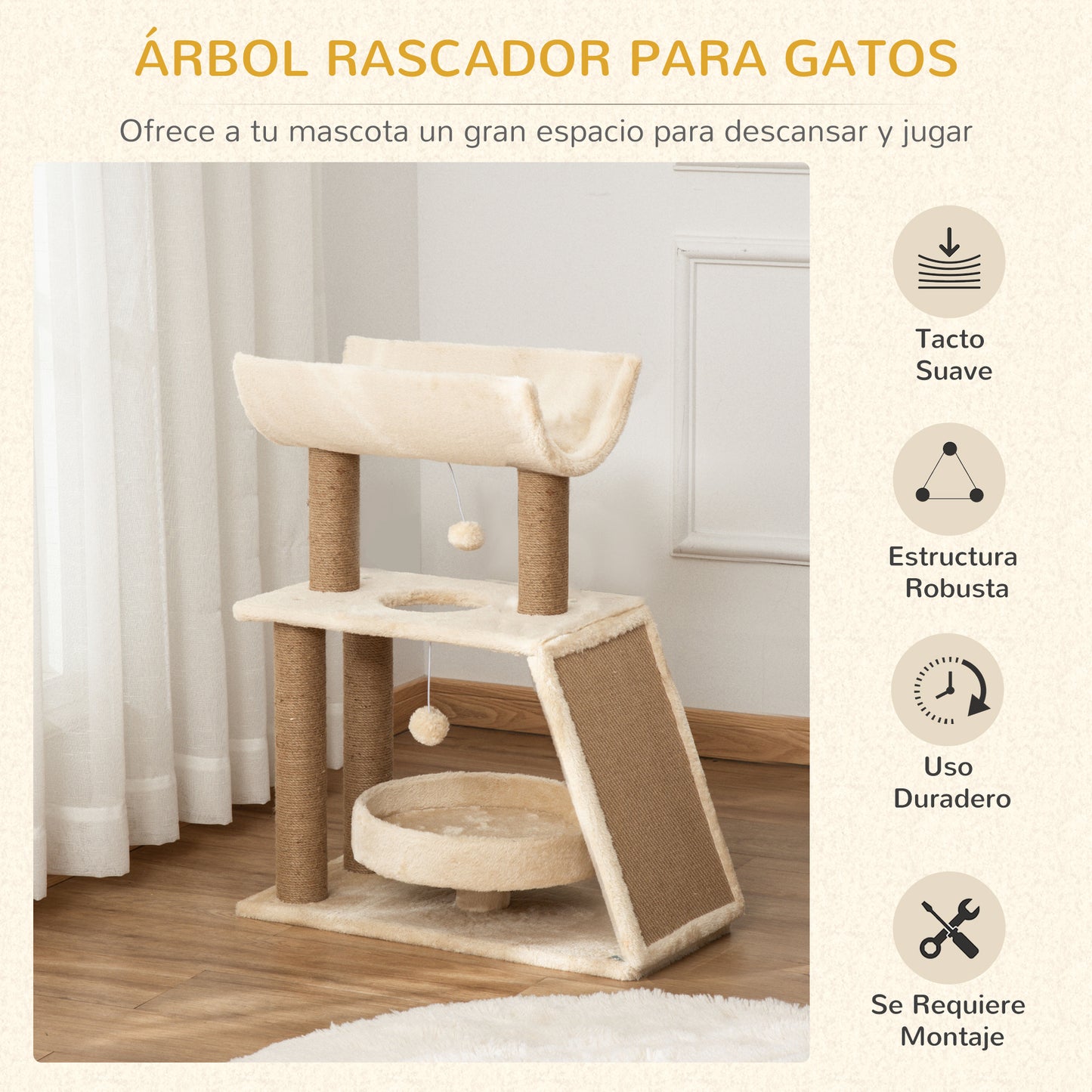 Pawhut Rascador Para Gatos Altura 76 Cm Con Plataforma En U Marrón Claro_3