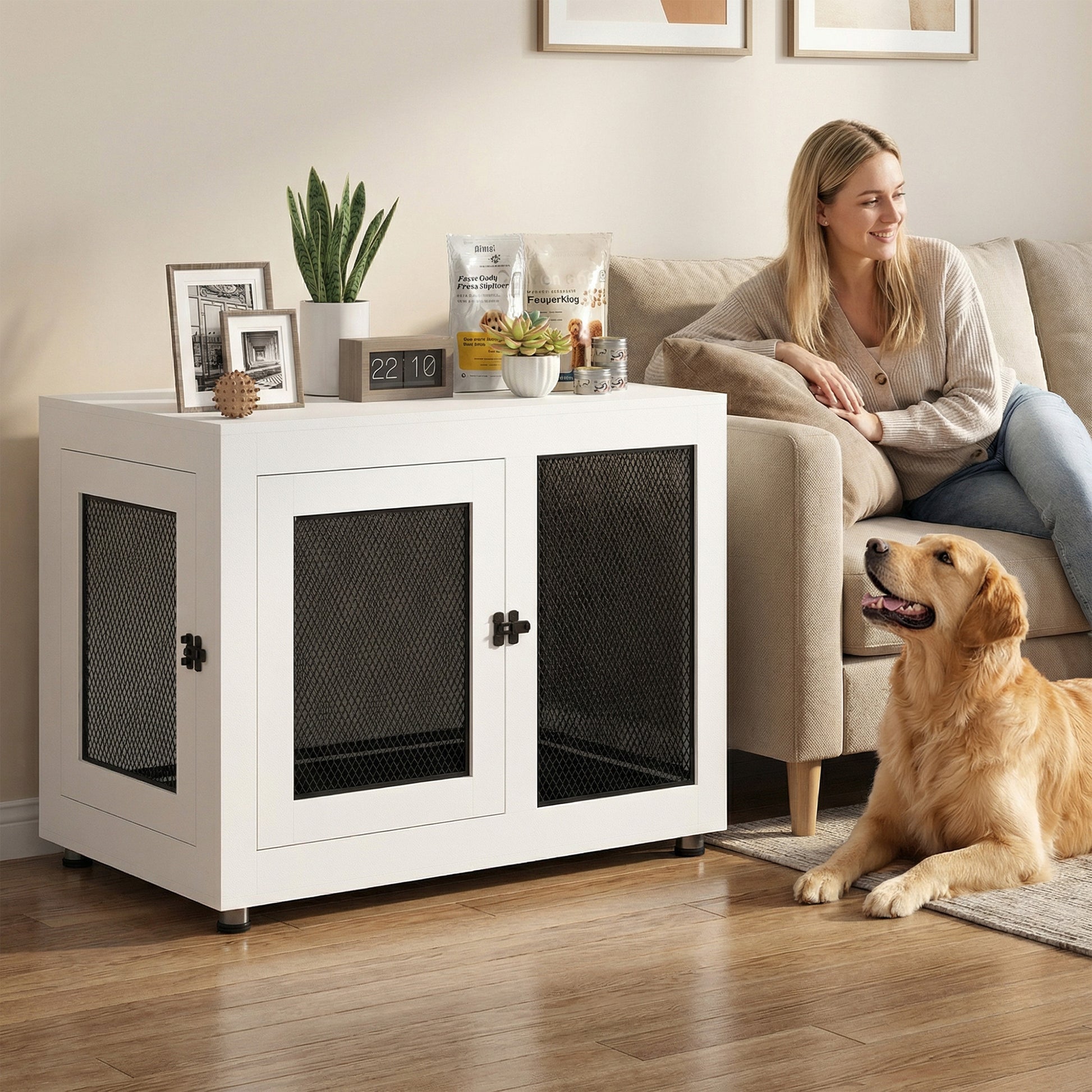 Pawhut Jaula Para Perros De Madera Superficie Mesa De Centro 94x60x71,5cm Blanco_1