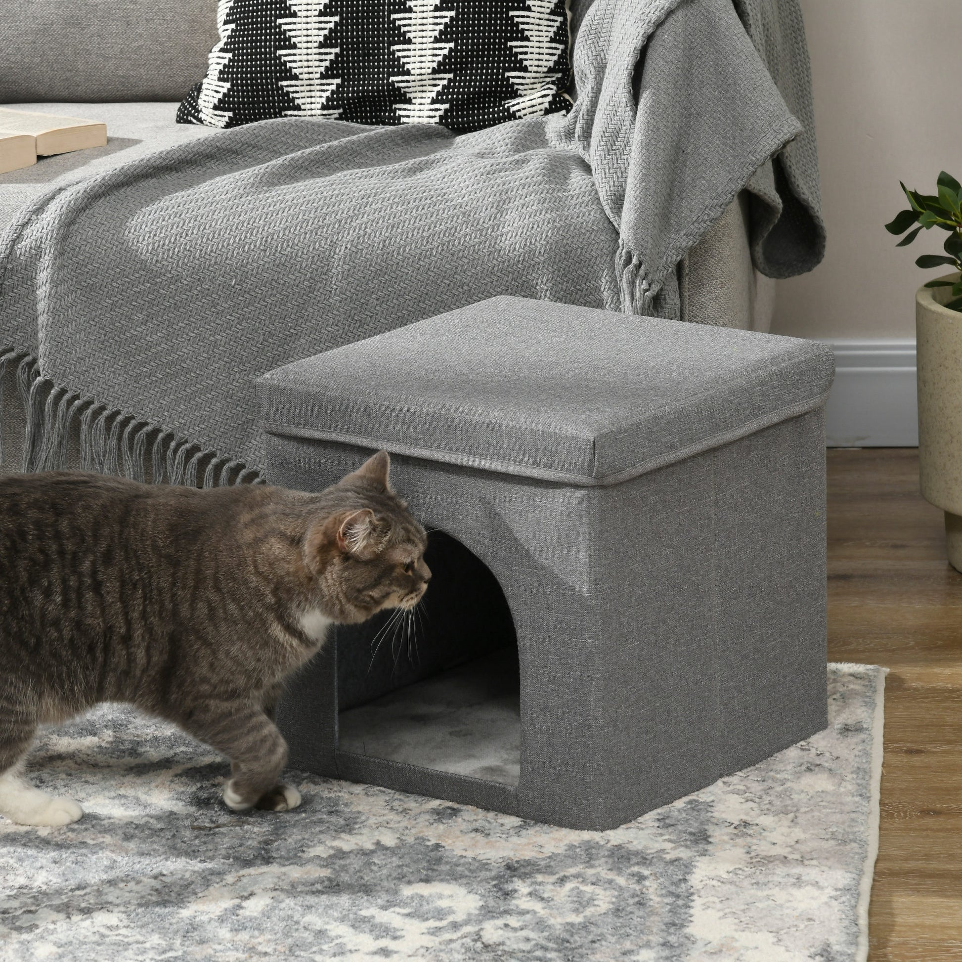 Pawhut Casa Para Gatos Con Tablero De Rascar Y Puerta 36,5x36,5x36,5 Cm Gris_1