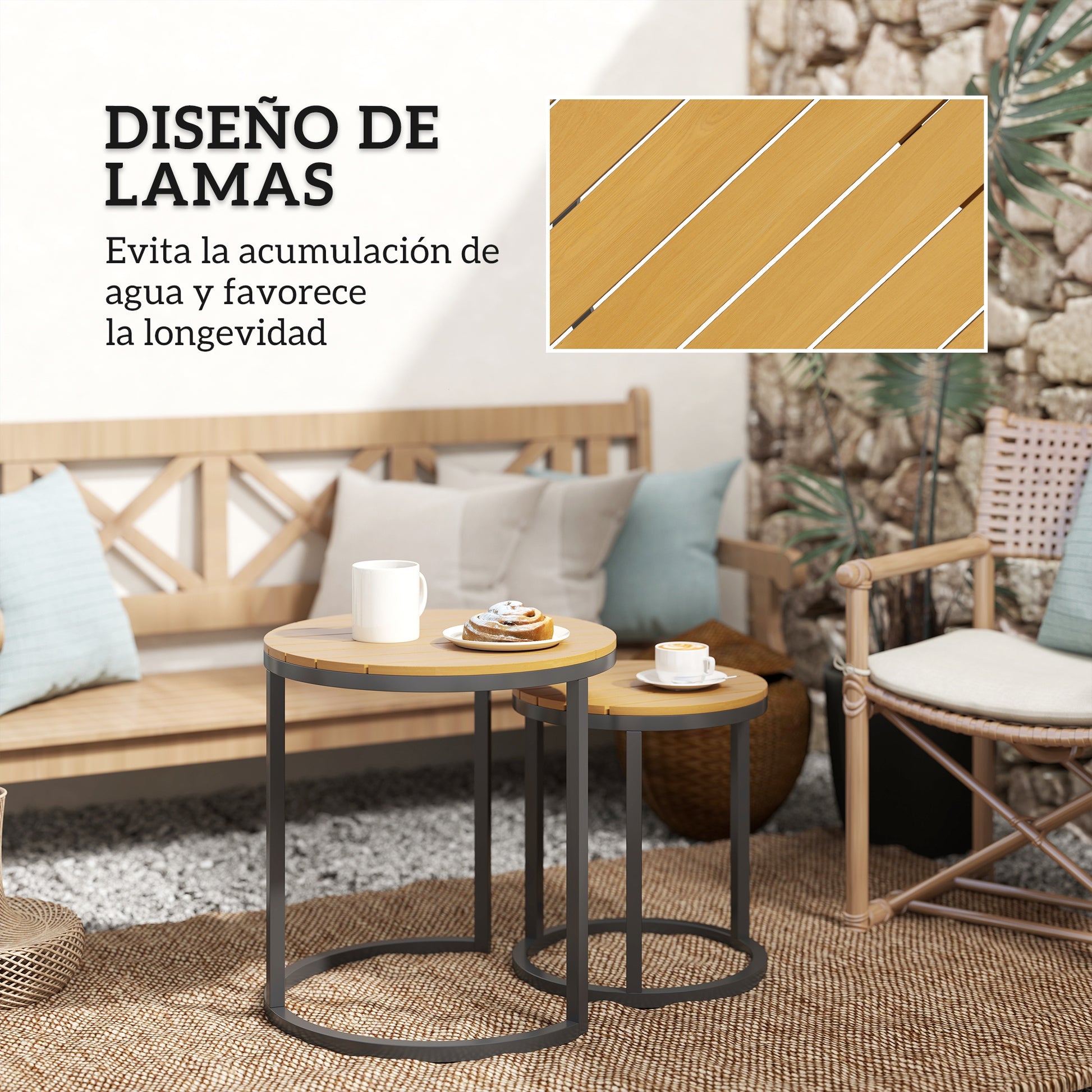 Outsunny Juego De 2 Mesas De Jardín Con Encimera De Madera Diseño Listones Teca_4