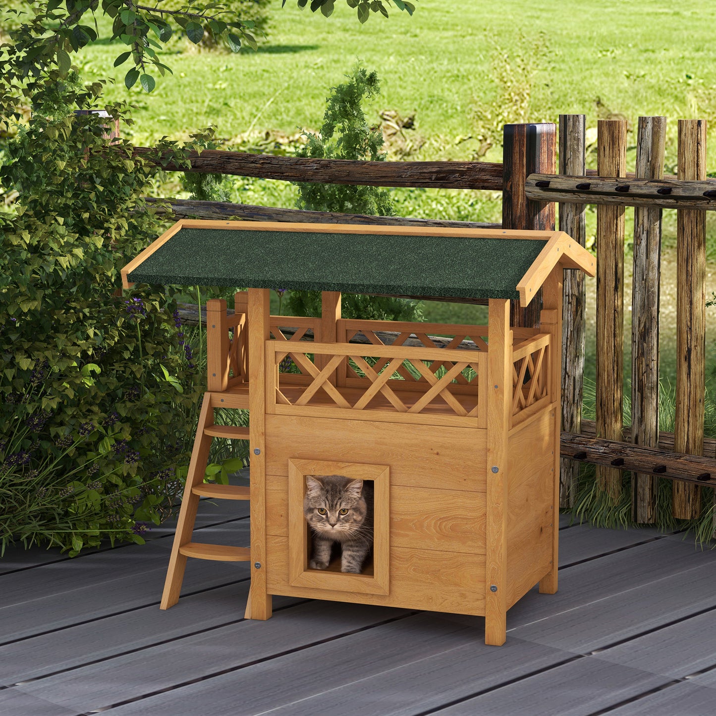 Pawhut Casa Para Gatos De Madera 77x50x73 Cmcon Techo Asfáltico Escalera Natural_1
