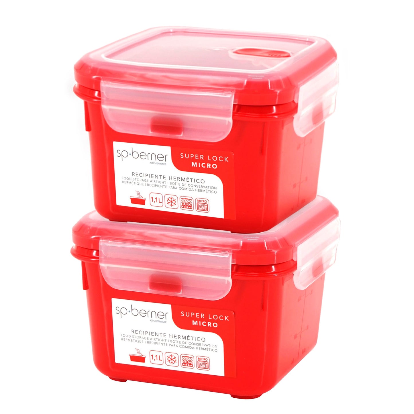 2x Herméticos Super Lock Micro 1,1 L., Cuadrados, Aptos Para Cocinar Al Vapor En El Microondas, Ideal Transporte Y Almacenamiento De Alimentos, Cierr