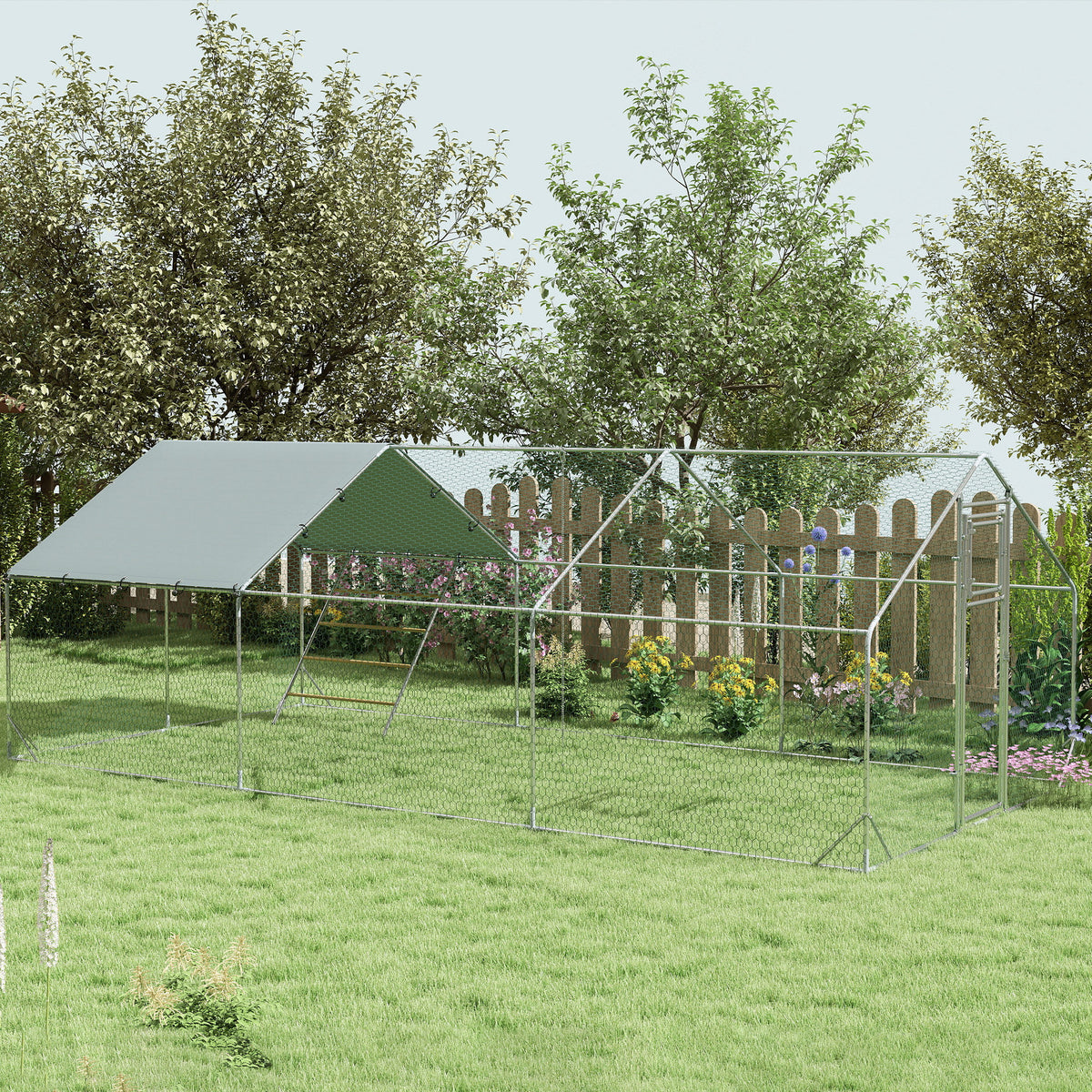 Pawhut Gallinero Para Exterior 3x6x2 M Con Comedero Colgante Tipo Brocheta Plata_1
