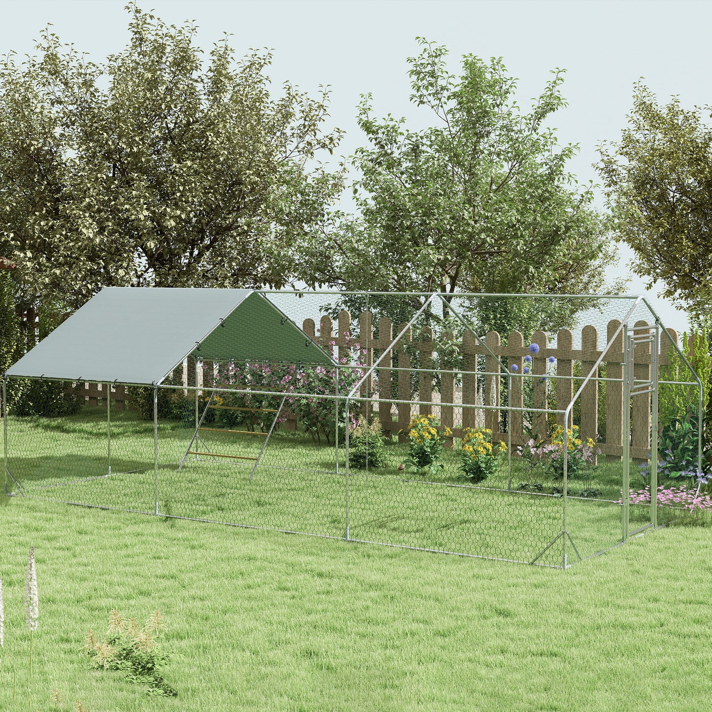 Pawhut Gallinero Para Exterior 3x6x2 M Con Comedero Colgante Tipo Brocheta Plata_1
