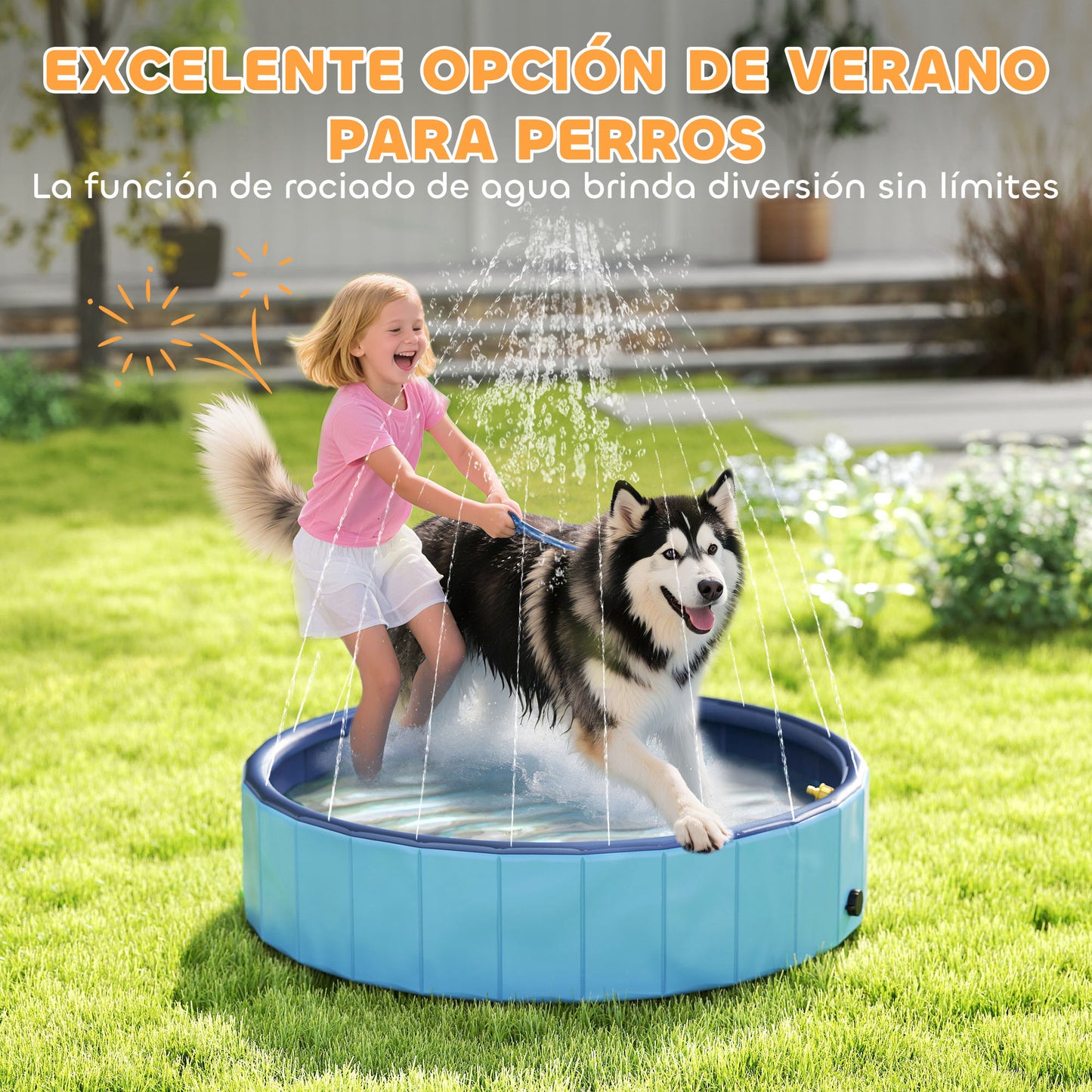 Pawhut Piscina Para Perros Plegable Con Aspersor Antideslizante Resistente Azul_4