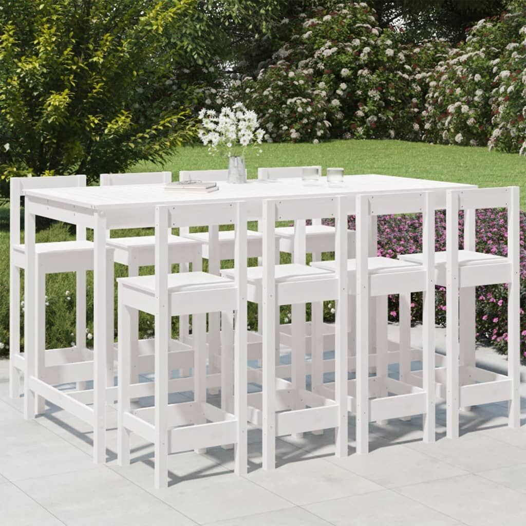 Vidaxl Mesa Y Taburetes Altos Jardín 9 Pzas Madera Maciza Pino Blanco_1