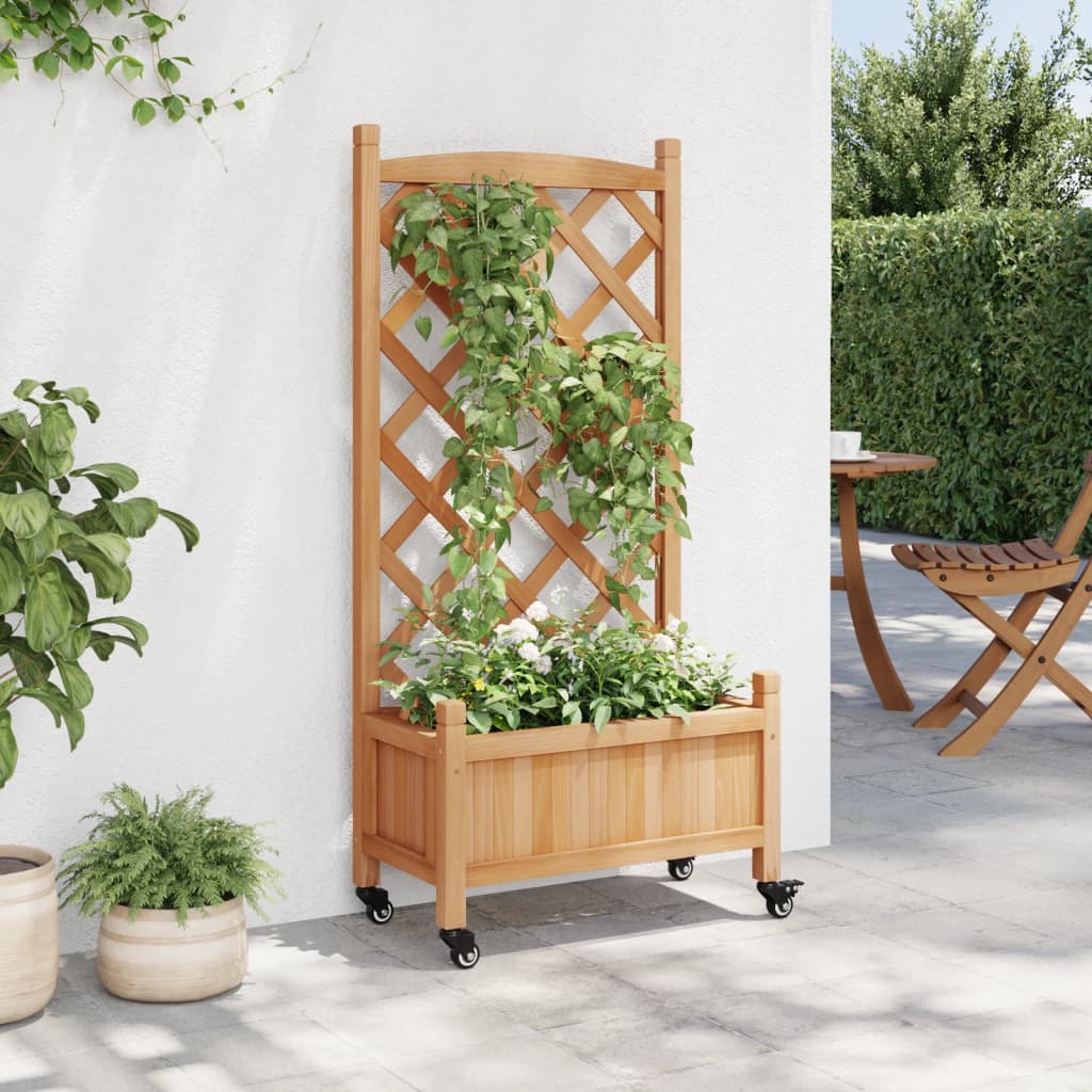 Jardinera Con Enrejado Y Ruedas Madera Maciza De Abeto Marrón_2