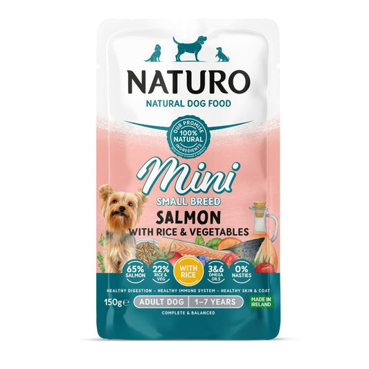 Naturo Comida Humeda Perro Raza Mini De Salmon Arroz Y Veg 150g X 8 Sobres_0