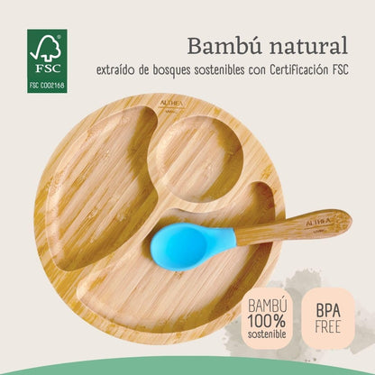 Vajilla De Bambú Natural Para Bebé Con Ventosa Antideslizante 2 Piezas Althea Living Azul Capri_4