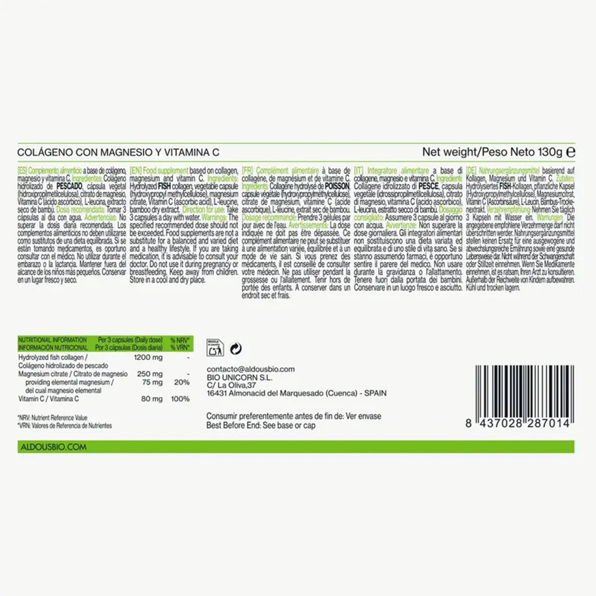 Colágeno Hidrolizado Puro con Magnesio y Vitamina C Aldous 200 Cápsulas
