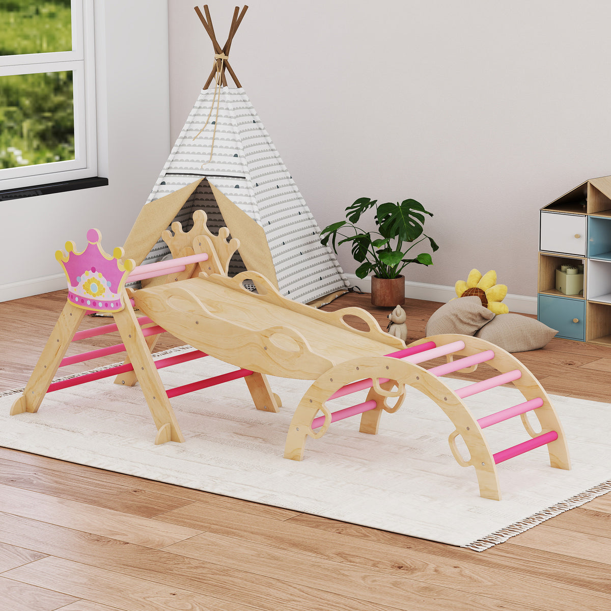 Aiyaplay 8 En 1 Triángulo De Escalada De Madera Montessori Con Arco Y Rampa Rosa_3